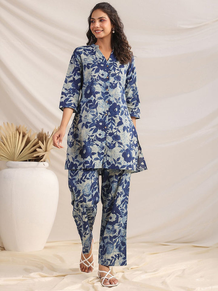 Janasya Women's Indigo Pure Cotton Floral Printed Regular Co-ord Set