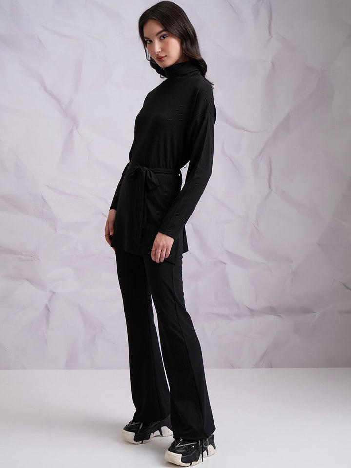 Tokyo Talkies Black High Neck Longline Top With Trouser & Belt