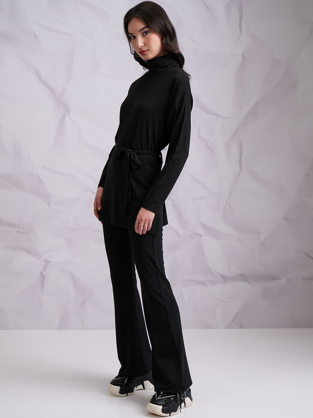Tokyo Talkies Black High Neck Longline Top With Trouser & Belt