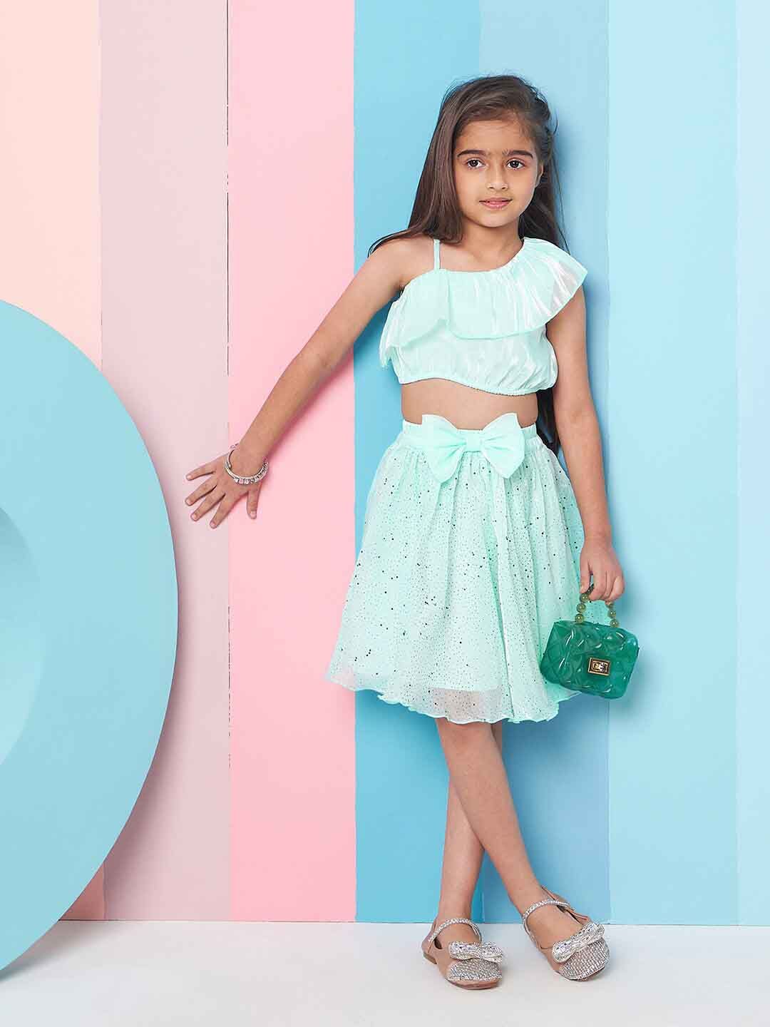 pspeaches Girls Embellished One Shoulder Top with Skirt
