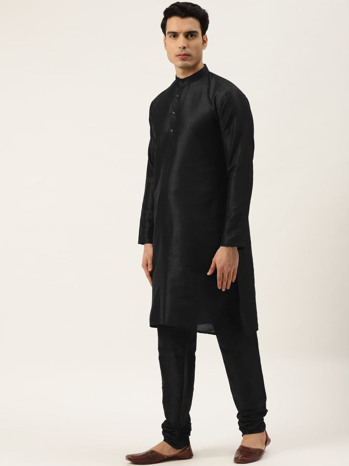 SOJANYA Men Black & Yellow Kurta with Churidar & Printed Jacket