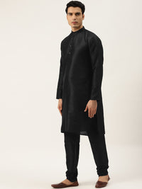 SOJANYA Men Black & Yellow Kurta with Churidar & Printed Jacket