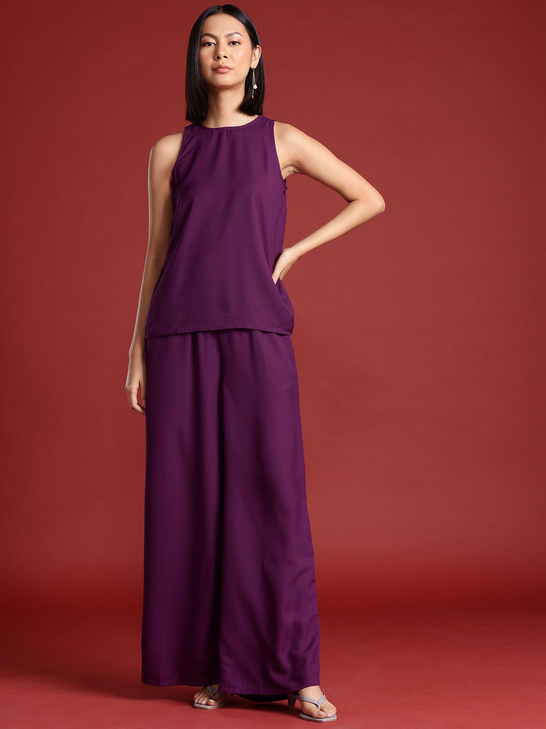 all about you Women Round Neck Flared Leg Co-Ords