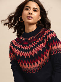 all about you Women Navy Blue & Pink Fair Isle Pattern Pullover