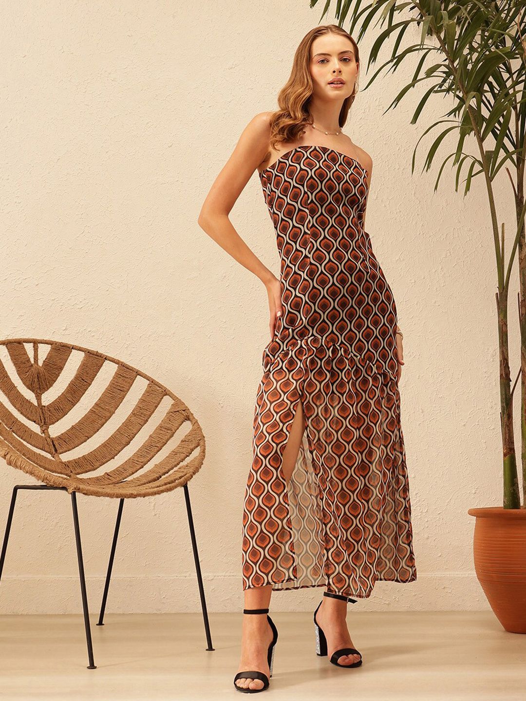 STREET 9 Ethnic Motifs Printed Off-Shoulder Georgette A-Line Midi Dress