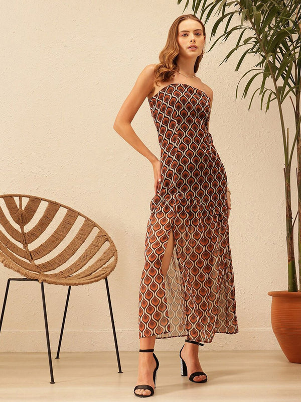 STREET 9 Ethnic Motifs Printed Off-Shoulder Georgette A-Line Midi Dress