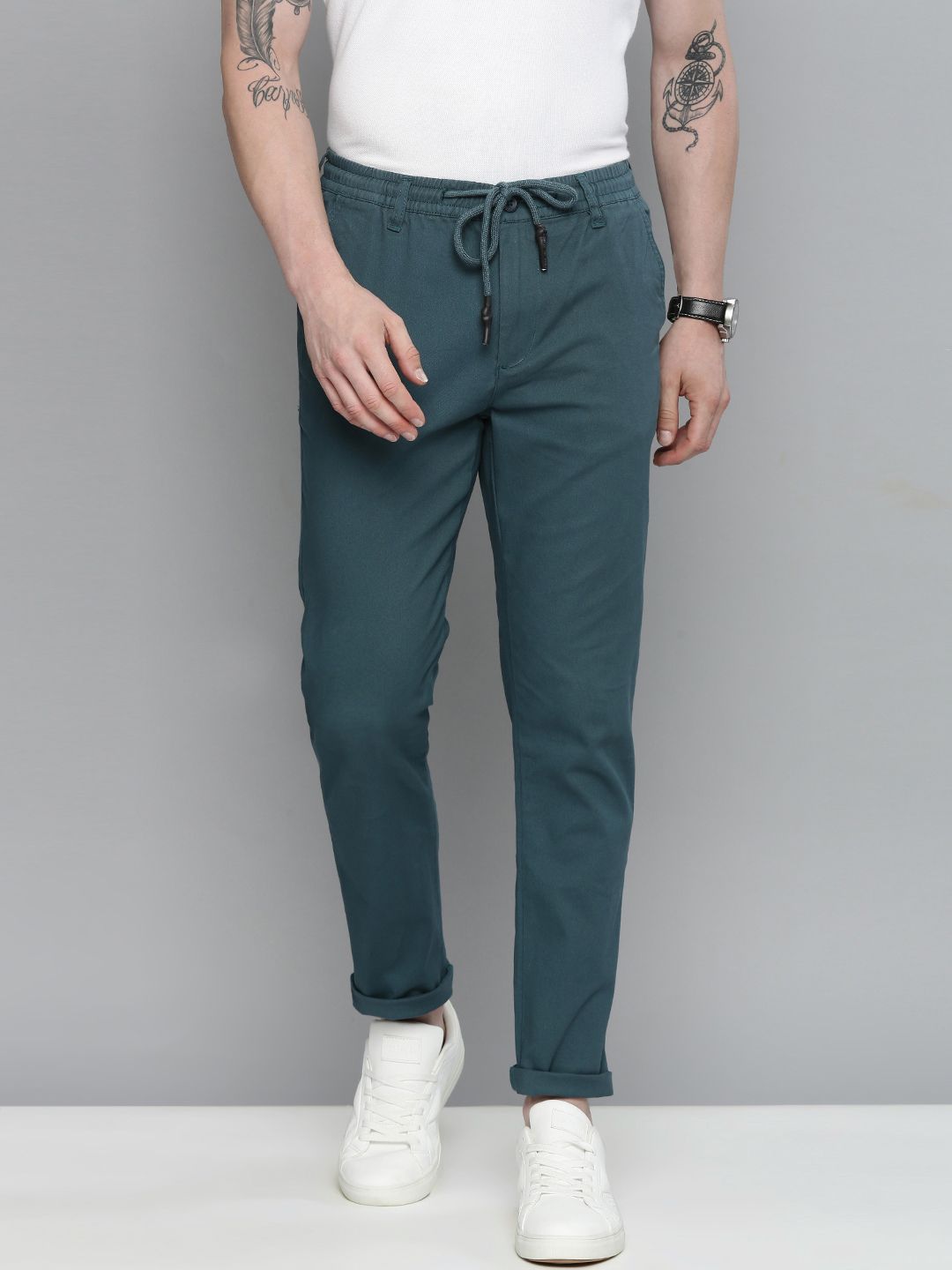The Indian Garage Co Men Teal Slim Fit Chinos Trousers