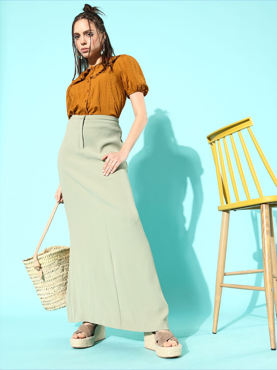DressBerry Women Chic Brown Textured Statement Collar Shirt