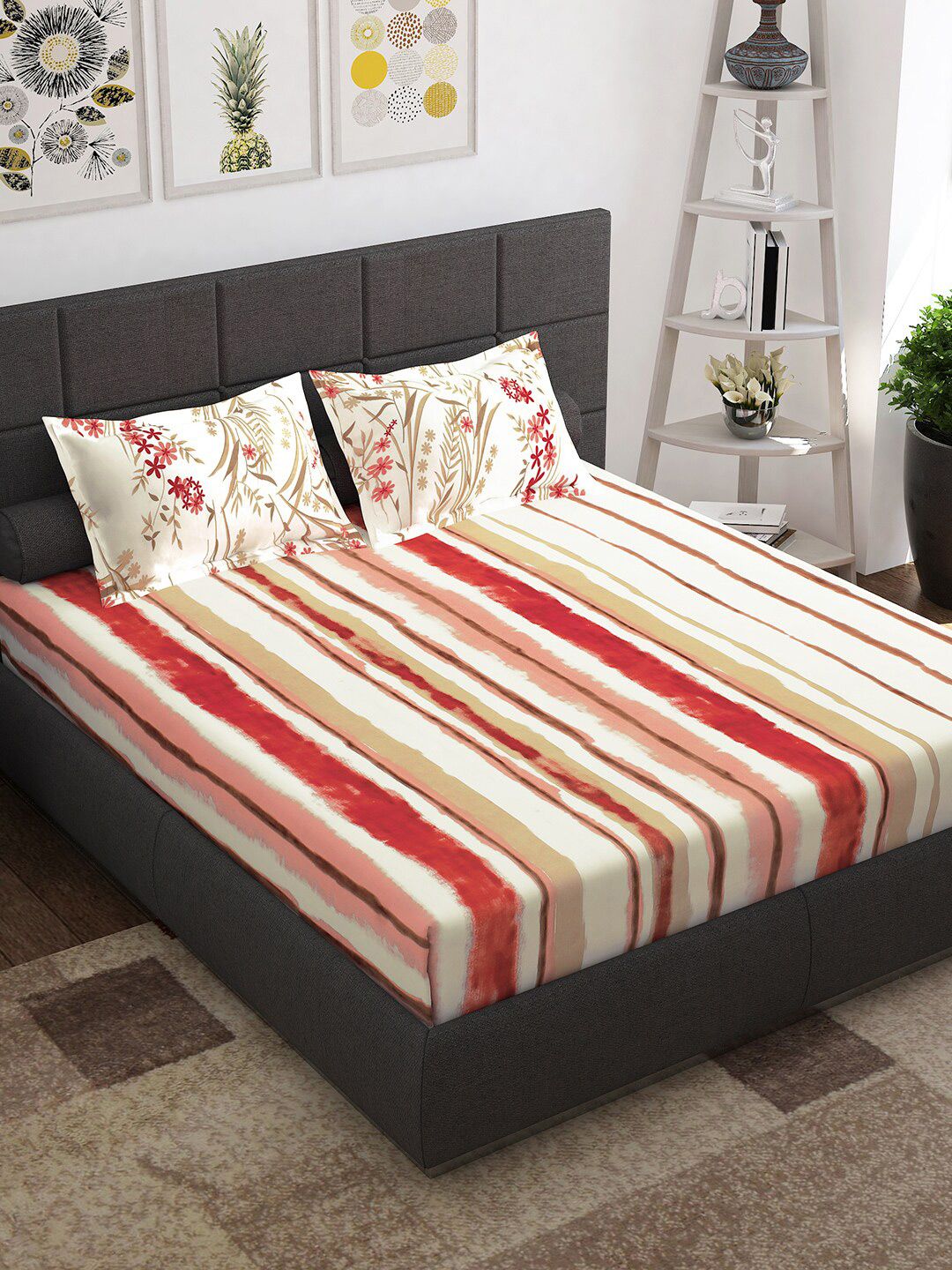 Story@home Red White Striped Cotton 144 TC Queen Bedsheet With 2 Pillow Covers