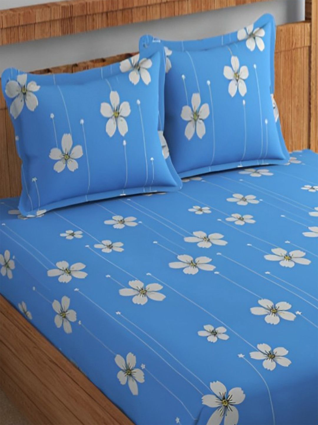 BOMBAY DYEING Blue Floral 144 TC Queen Bedsheet with 2 Pillow Covers