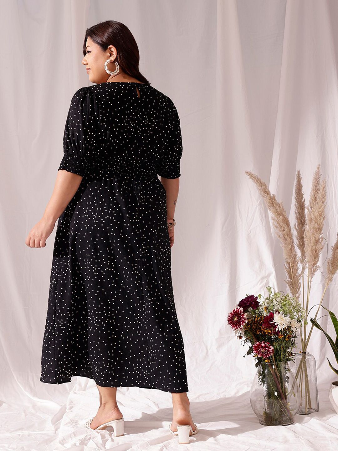 CURVY STREET Black Polka Dots Printed Flared Round Neck Puff Sleeve Blouson Dress