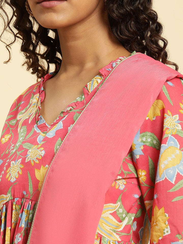 W Floral Printed Regular Pure Cotton Kurta With Trousers & Dupatta