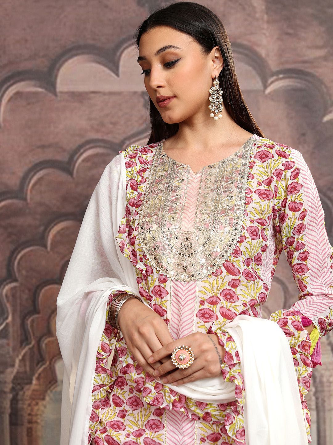 Vishudh Women Floral Printed Regular Pure Cotton Kurta with Trousers & With Dupatta