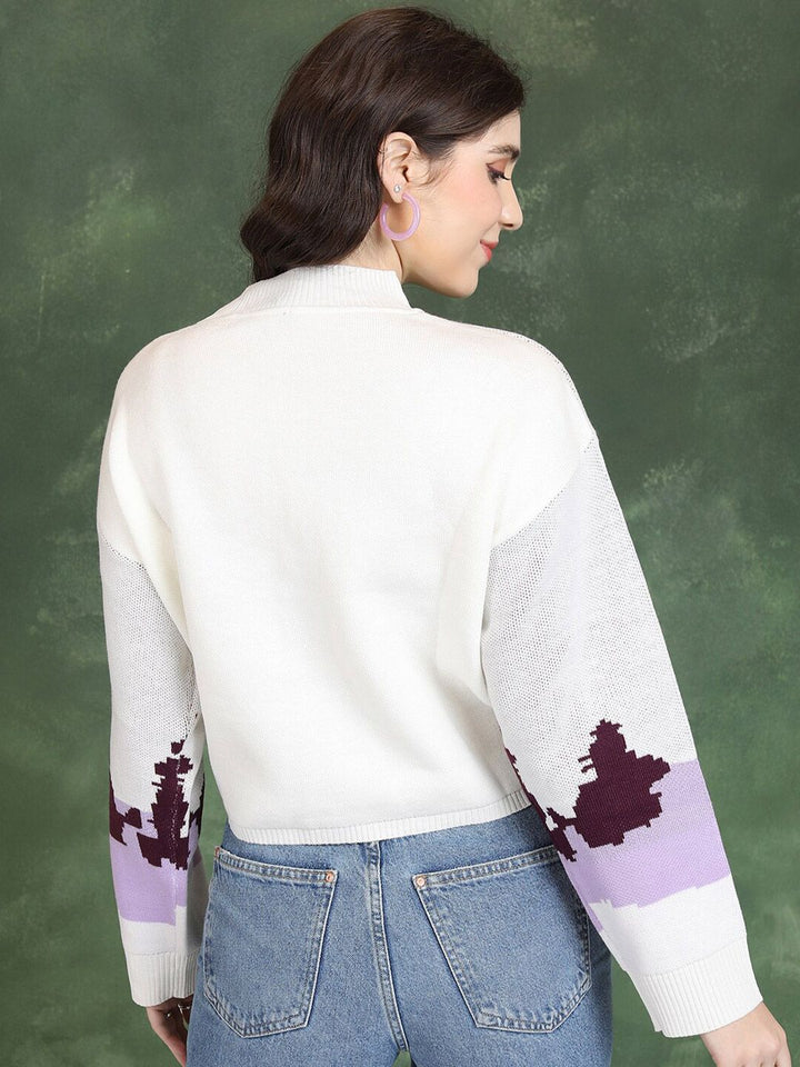 Tokyo Talkies Off White Graphic Printed High Neck Acrylic Pullover
