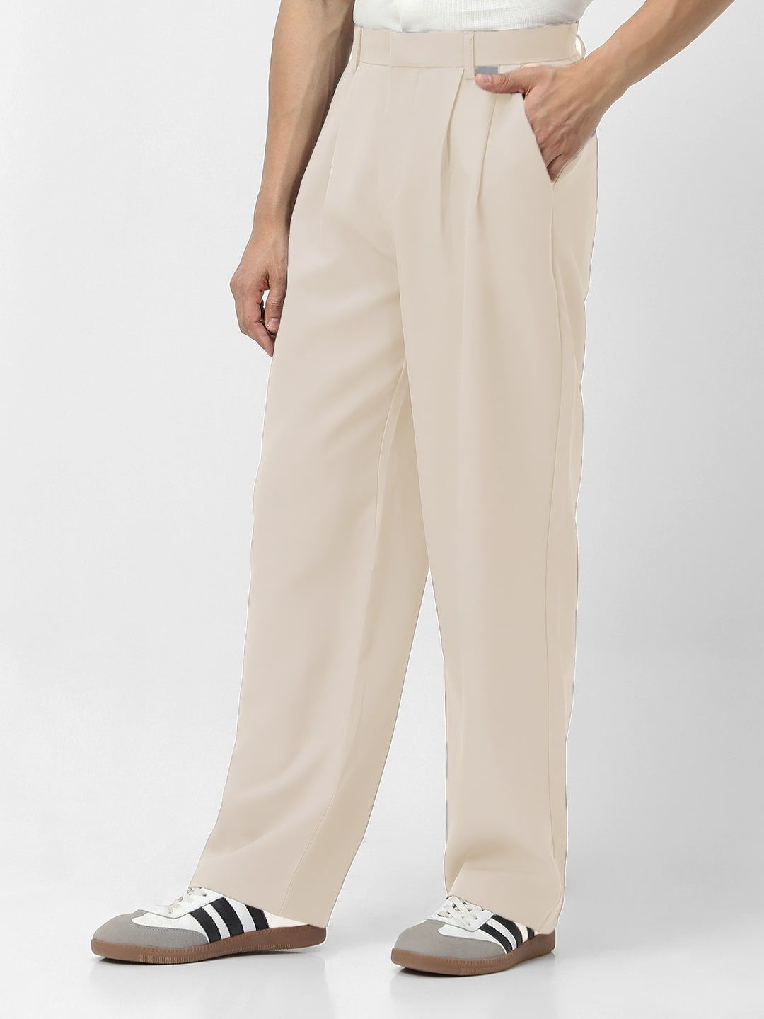 Urbano Fashion Men Cream Loose Baggy Fit Solid Korean Trousers Stretchable