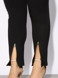 SASSAFRAS Curve Women Plus Size Black Slim Fit Zip Detail Regular Trousers