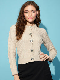 STREET 9 Beige Cable Knit Round Neck Long Sleeves Acrylic Cardigan Sweater