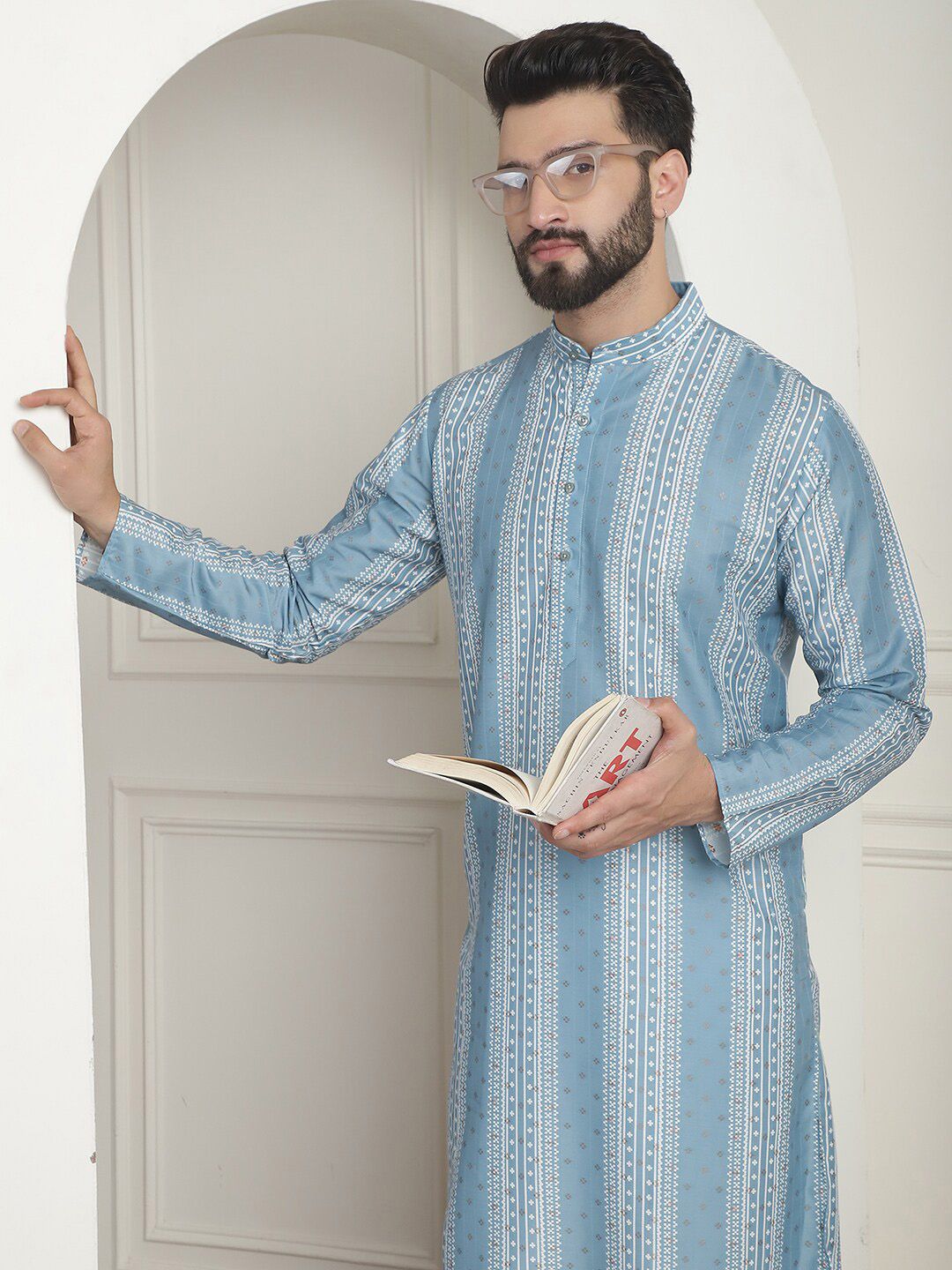 SOJANYA Mandarin Collar Lengan Panjang Cotton Thread Work Kurta