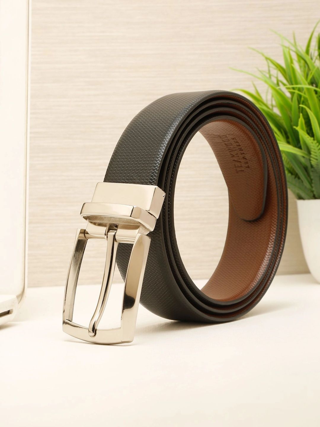 Teakwood Leathers Men Textured Leather Reversible Formal Belt