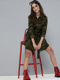 SASSAFRAS Olive Green Camouflage Printed Shirt Dress With Waist Tie-Up Detail