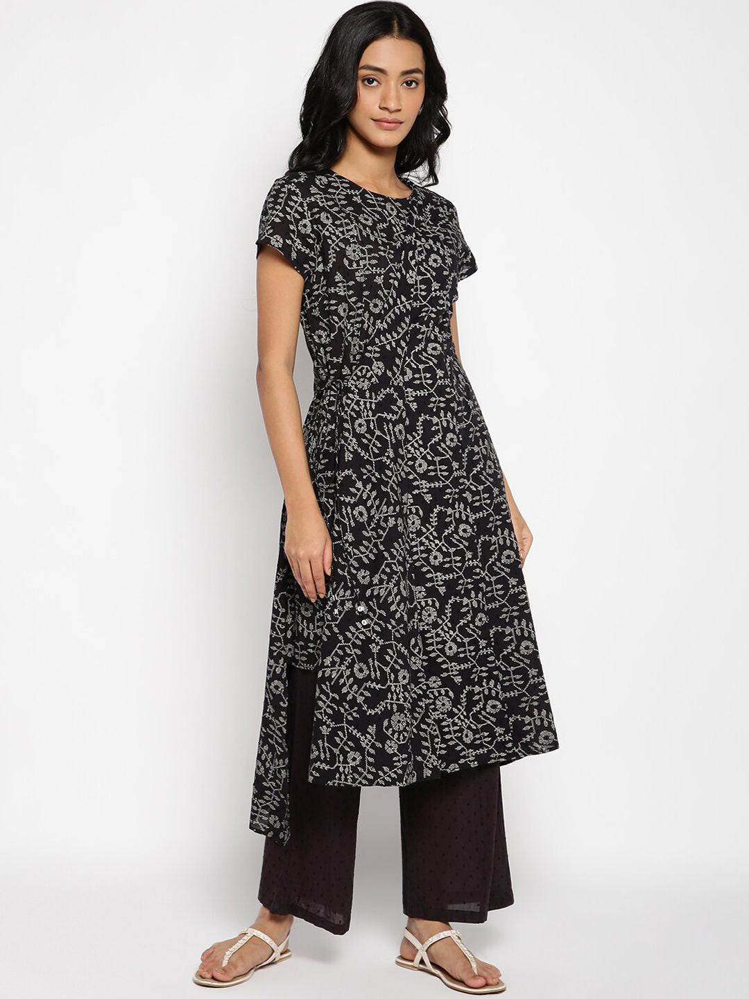 W Women Black Printed High-Low Hem Cotton Kurta