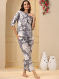 SANSKRUTIHOMES Grey & White Floral Printed Pure Cotton Night Suit