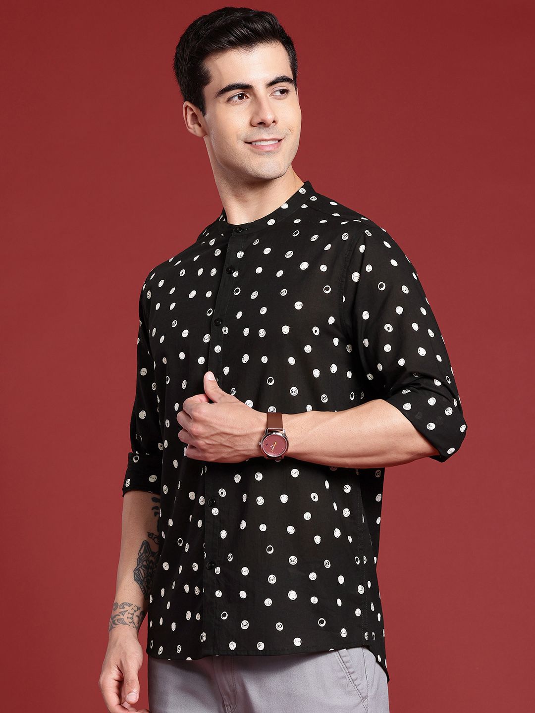 Anouk Geometric Printed Band-Collar Pure Cotton Casual Shirt