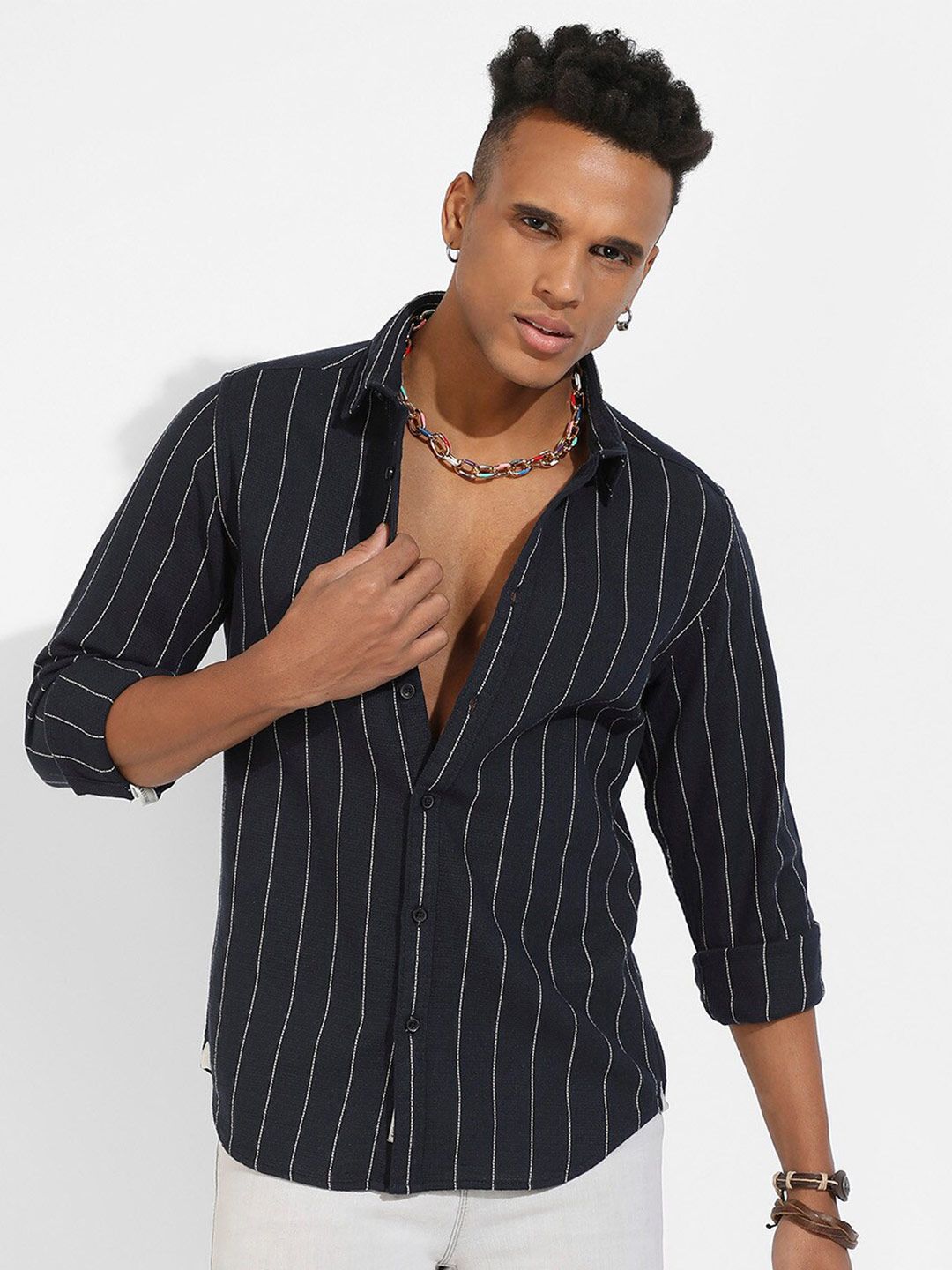 Campus Sutra Classic Striped Spread Collar Cotton Casual Shirt