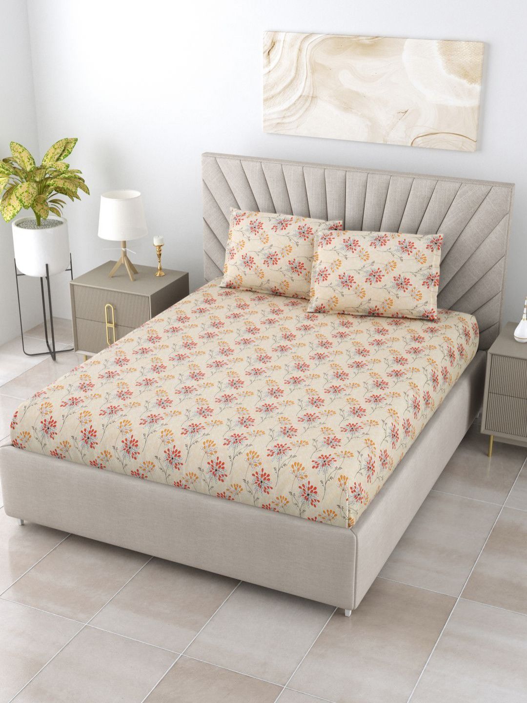 BOMBAY DYEING Epigram Mustard Printed Pure Cotton 120 TC Queen Bedsheet Set 2.24 X 2.54 m