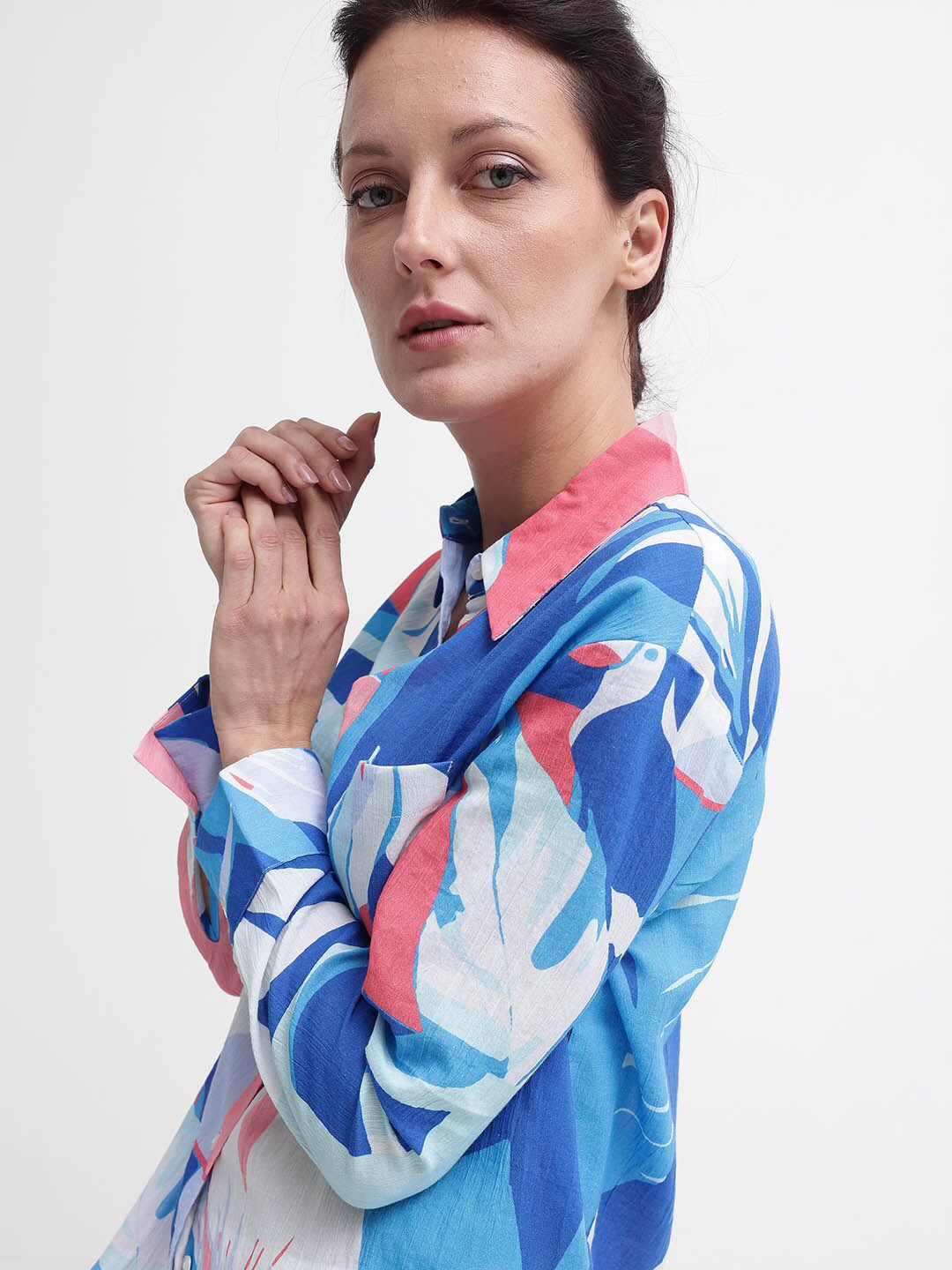 RAREISM Print Mandarin Collar Cotton Top