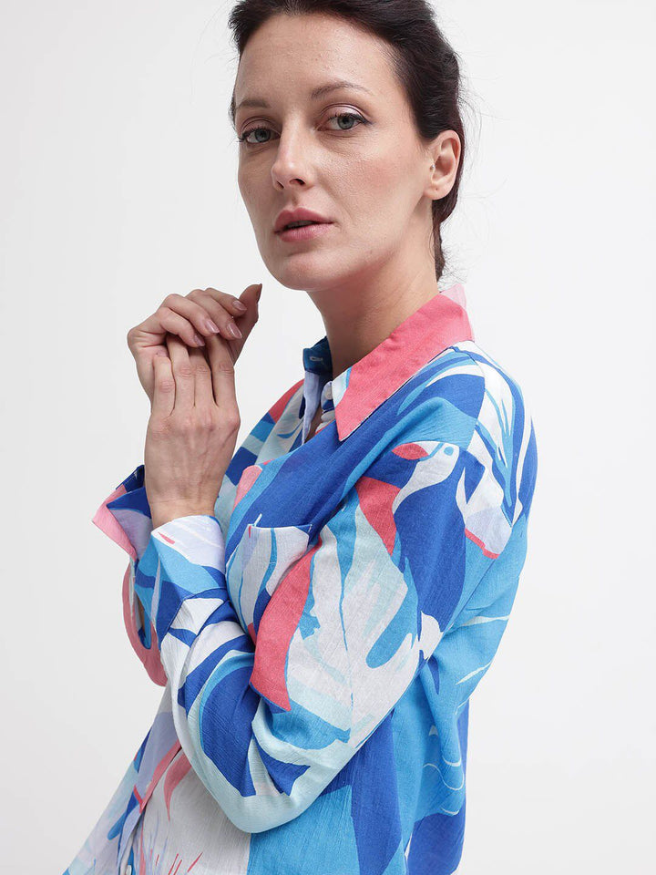 RAREISM Print Mandarin Collar Cotton Top