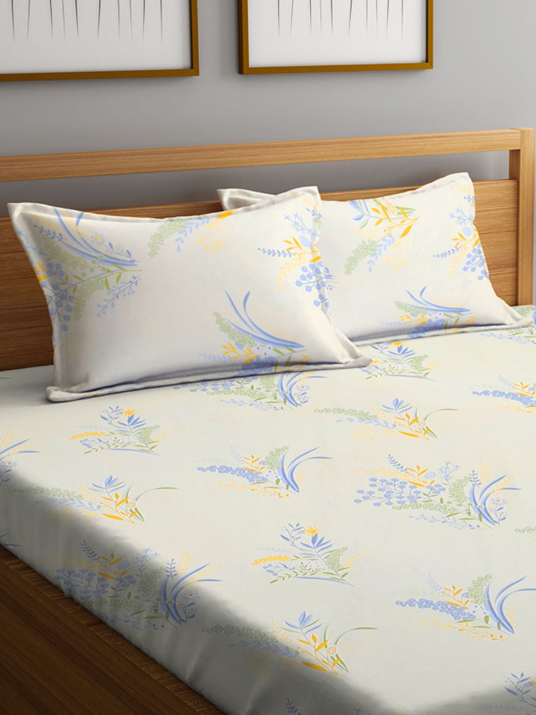 KLOTTHE White & Blue Floral Printed 300 TC Fitted King Bedsheet with 2 Pillow Covers
