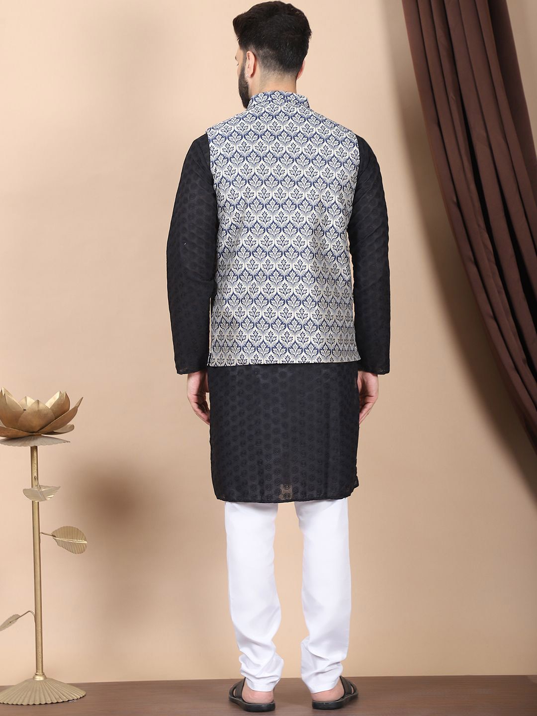 Anouk Black Floral Embroidered Thread Work Pure Cotton Kurta with Churidar & Nehru Jacket
