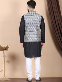 Anouk Black Floral Embroidered Thread Work Pure Cotton Kurta with Churidar & Nehru Jacket