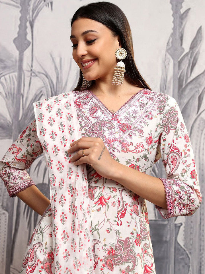 Vishudh Women Floral Printed Pure Cotton Kurta with Trousers & With Dupatta