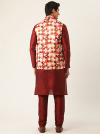 SOJANYA Men Maroon Solid Kurta with Churidar & Nehru Jacket