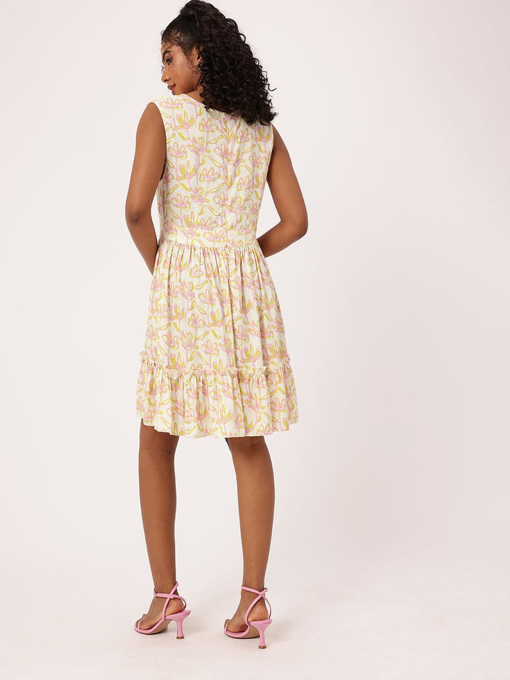 DressBerry Whimsical Charm Floral Printed Gathers Flounce Hem A-line Dress