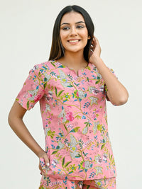 SANSKRUTIHOMES Women Peach-Coloured & Green Printed Pure Cotton Night suit
