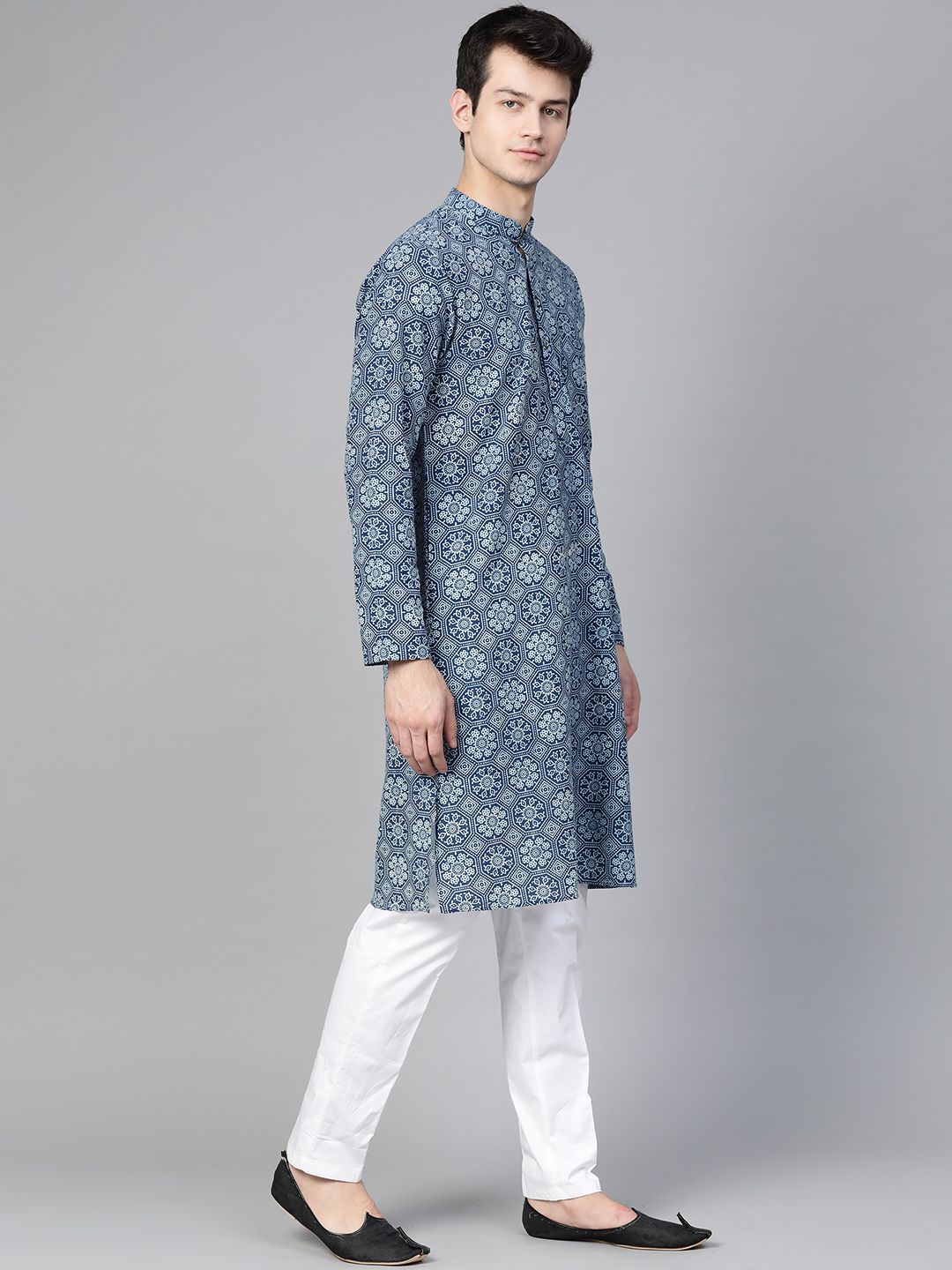 See Designs Men Navy Blue & White Handloom Handblock Print Sustainable Straight Kurta