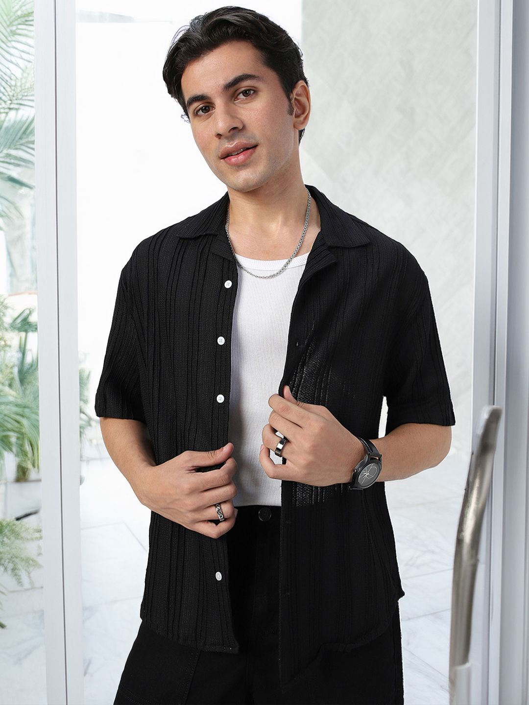 Urbano Fashion Men Cotton Cuban Collar Textured Oversized Casual Shirt