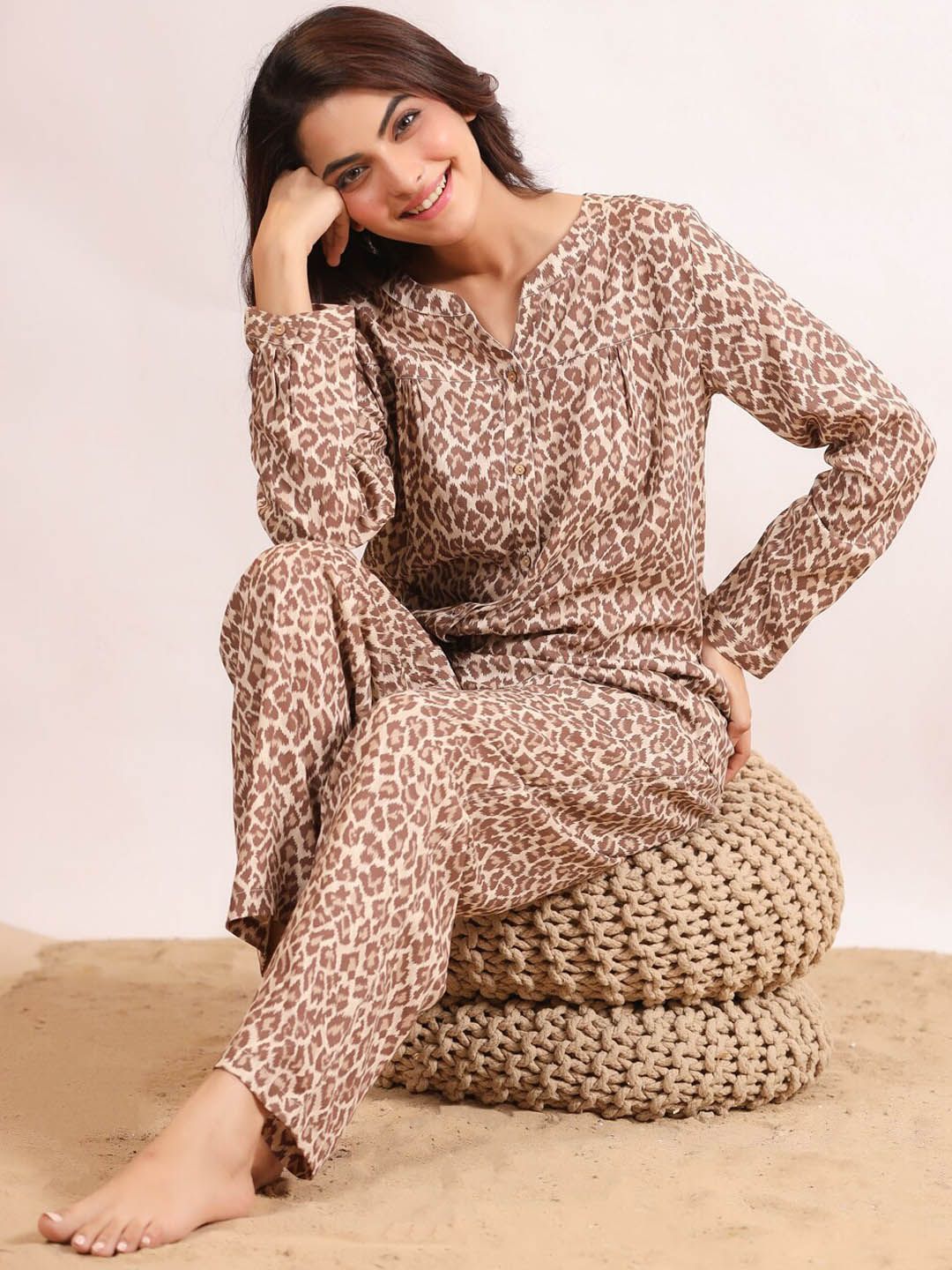 SANSKRUTIHOMES Beige Printed Night Suit