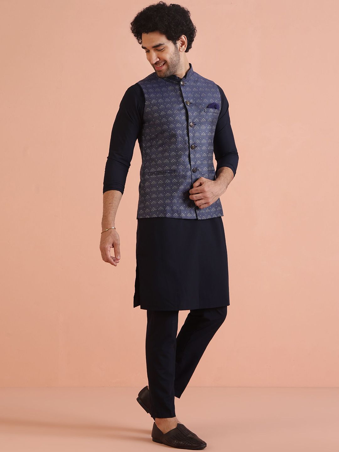 KISAH Straight Kurta with Trousers & Embellished Nehru Jacket