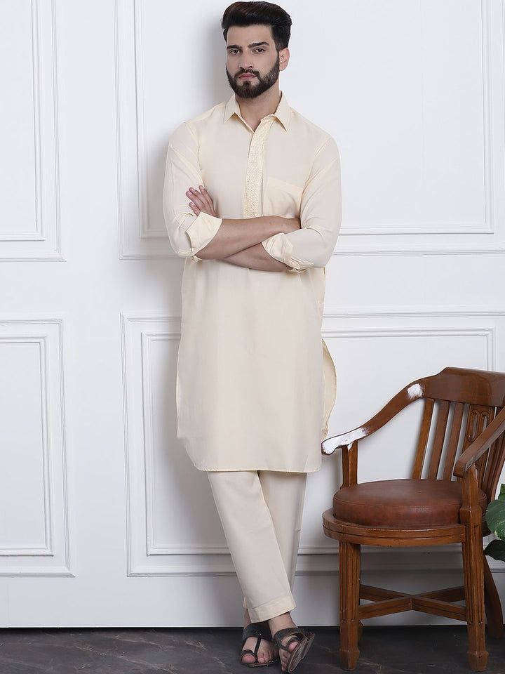 SOJANYA Shirt Collar Curved Hem Pathani Kurta with Salwar