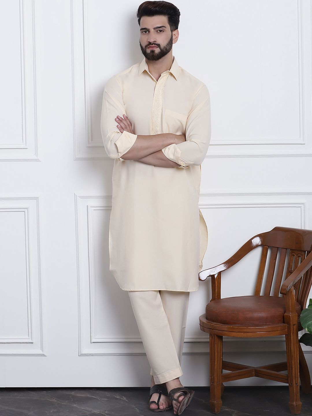 SOJANYA Shirt Collar Curved Hem Pathani Kurta with Salwar