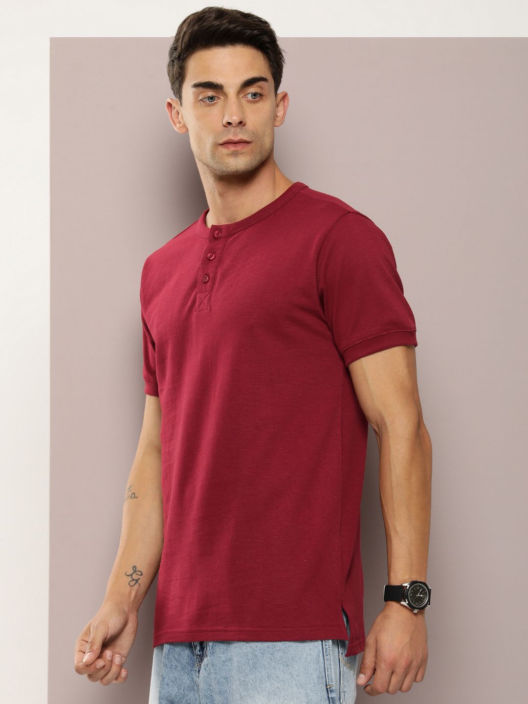 DILLINGER Men Henley Neck Honeycomb Structure T-shirt