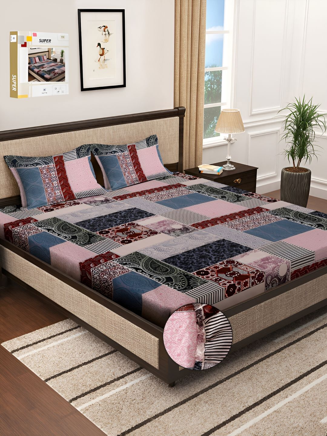 KLOTTHE Red & Pink Abstract Printed 300 TC Fitted Double King Bedsheet With 2 Pillow Cover