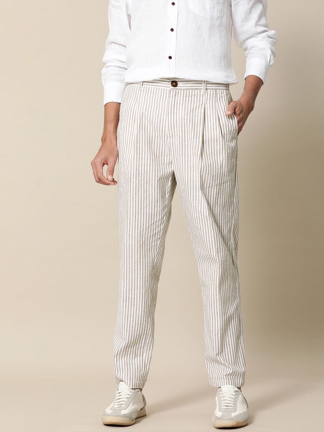 Mr Bowerbird Men White Striped Pleated  Liberal Fit Trousers