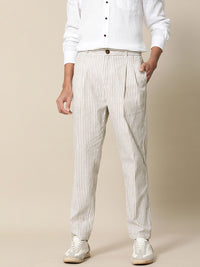 Mr Bowerbird Men White Striped Pleated  Liberal Fit Trousers