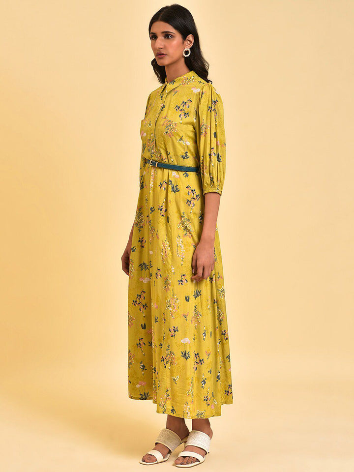 W Green Floral Printed Shirt Collar Neck Belted A-Line Midi Dress
