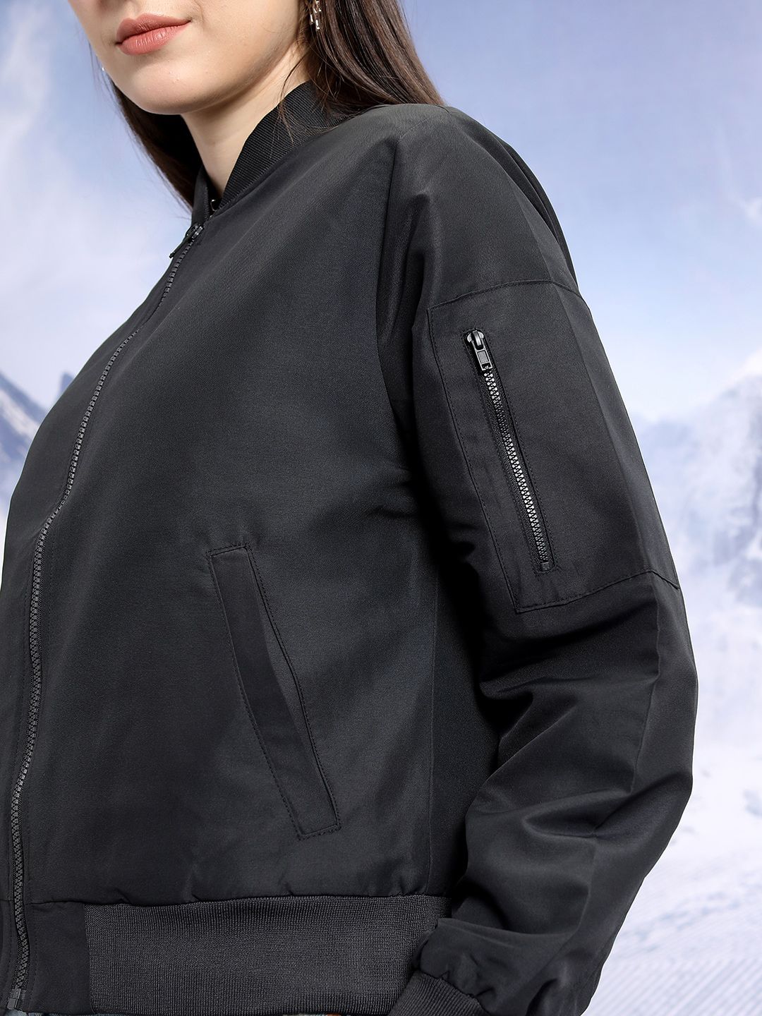 Tokyo Talkies Mandarin Collar Zip Detail Crop Bomber Jacket